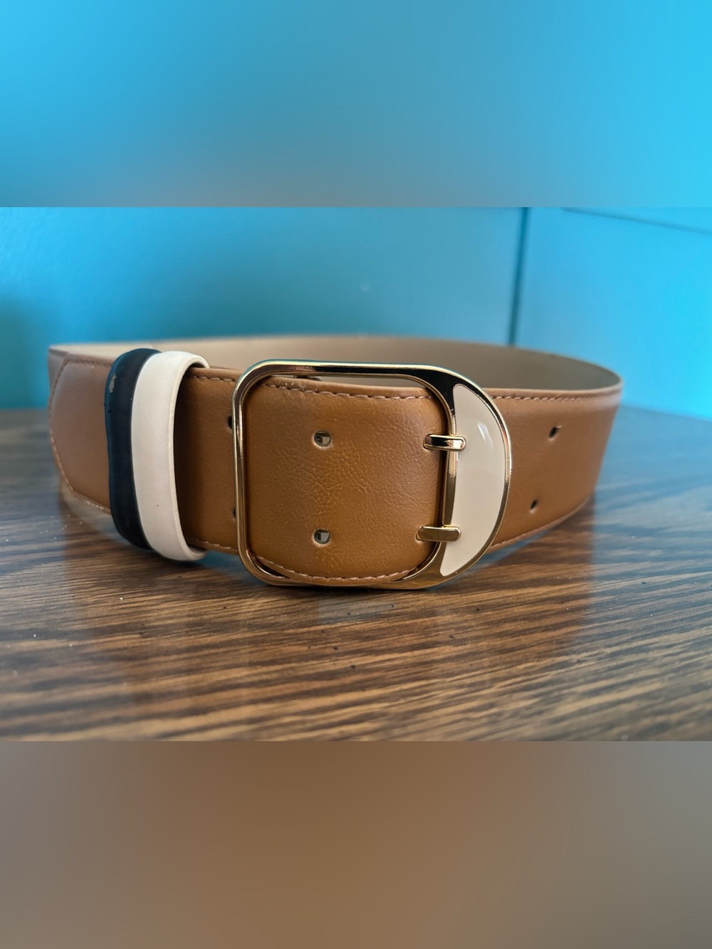 Ann Taylor Tan Faux Leather Belt with Cream & Black Accents Size L